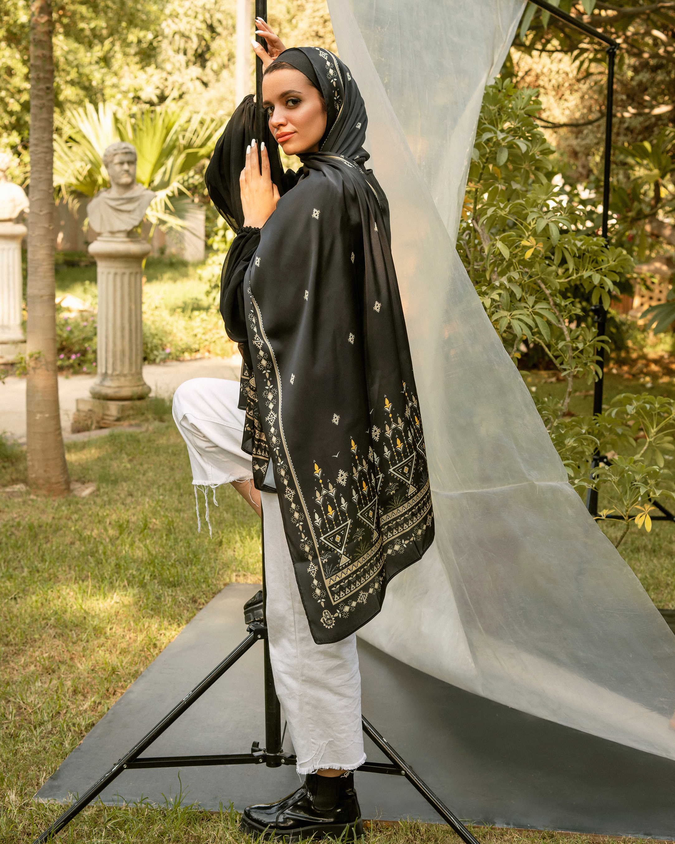 Folk Black Scarf - Satin - Image 2