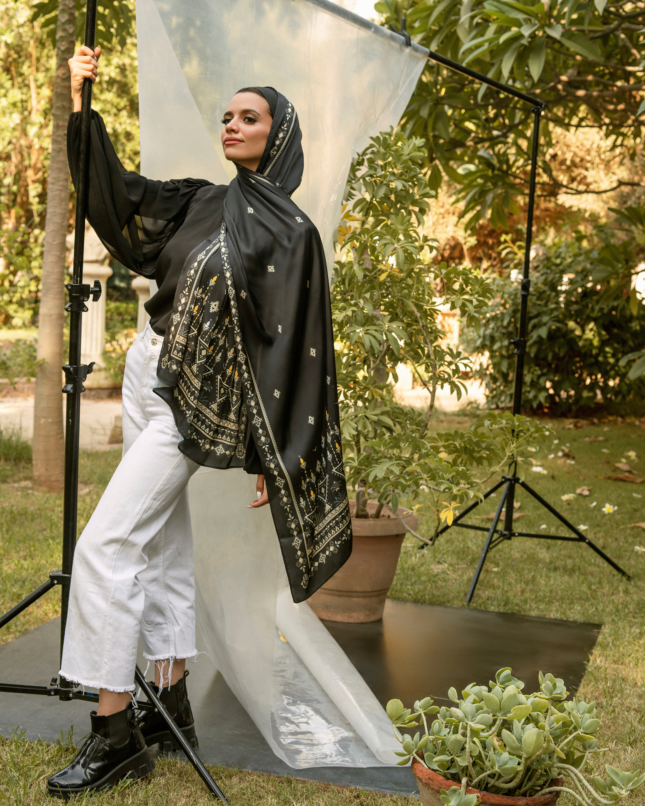 Folk Black Scarf - Satin - Image 3