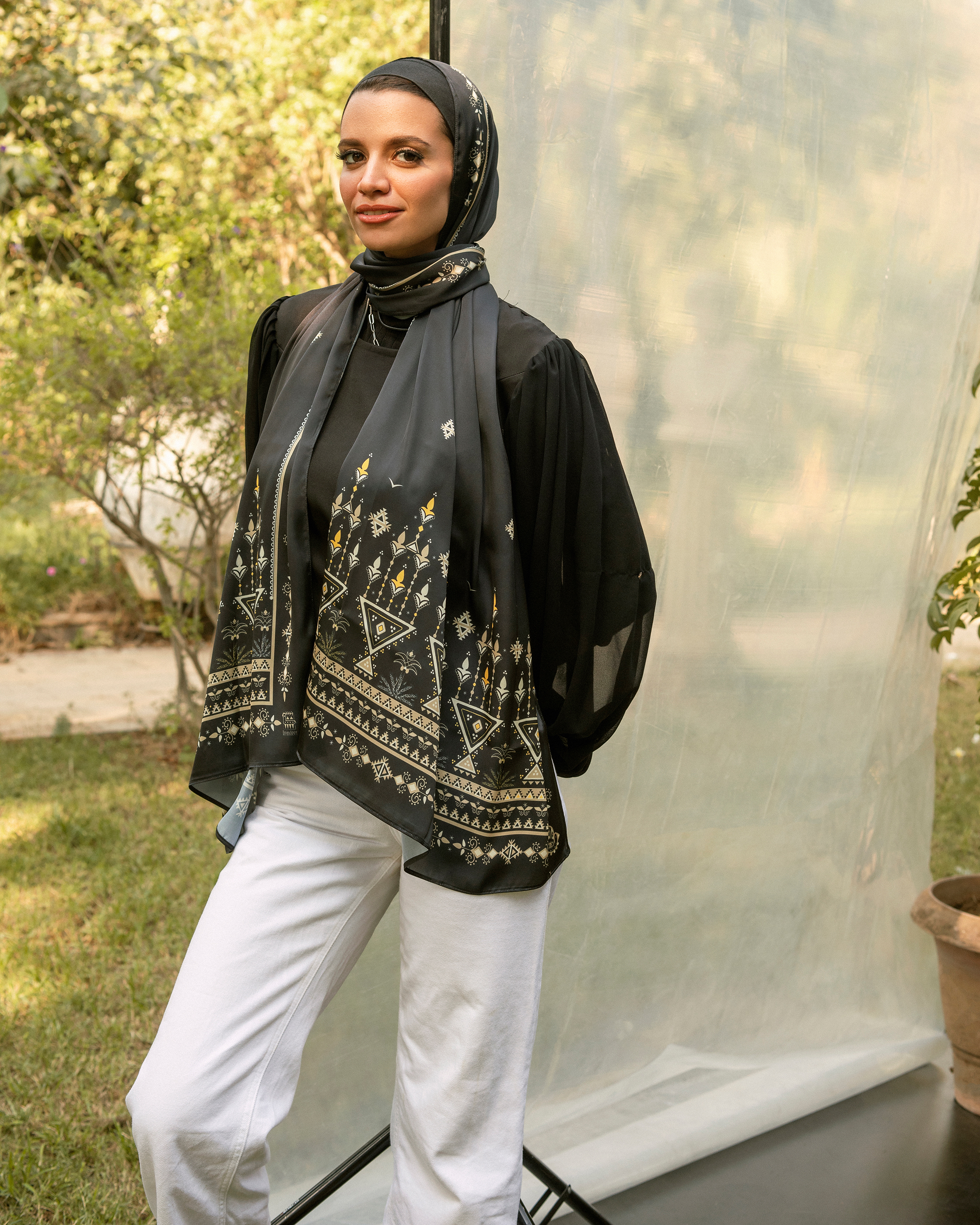 Folk Black Scarf - Satin - Image 4