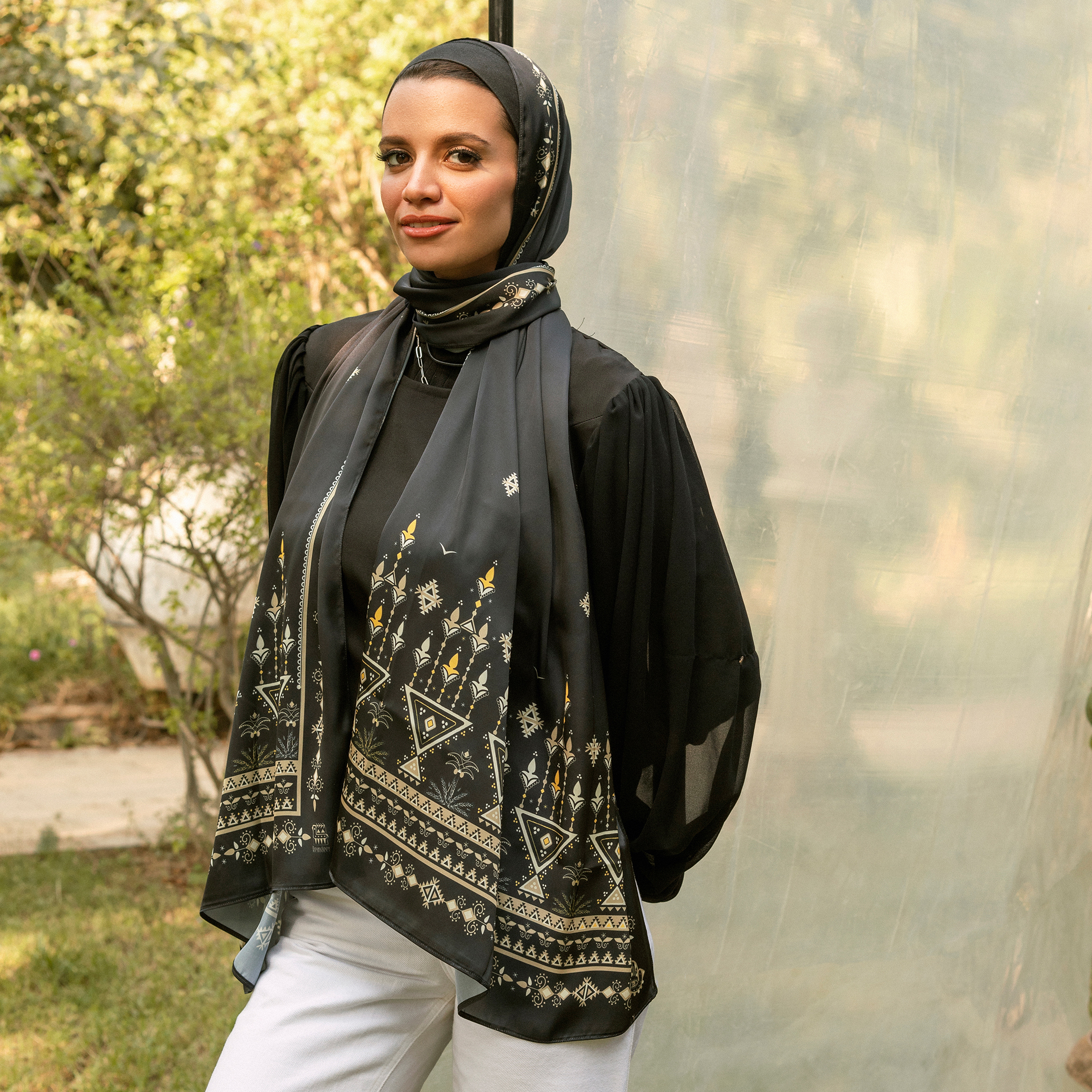 Folk Black Scarf - Satin